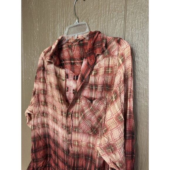 FREE PEOPLE FP ONE Sz S GRUNGE PLAID SHIRT BUTTONDOWN TUNIC DISTRESSED TUNIC - Picture 3 of 7